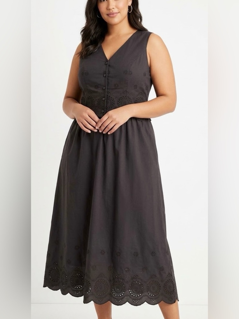 Rachel Zoe Black V-Neck Eyelet Midi Dress